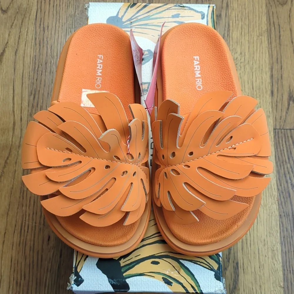 NIB FARM Rio Monstera Anatomic Slide Sandals In Orange Women's Size 7